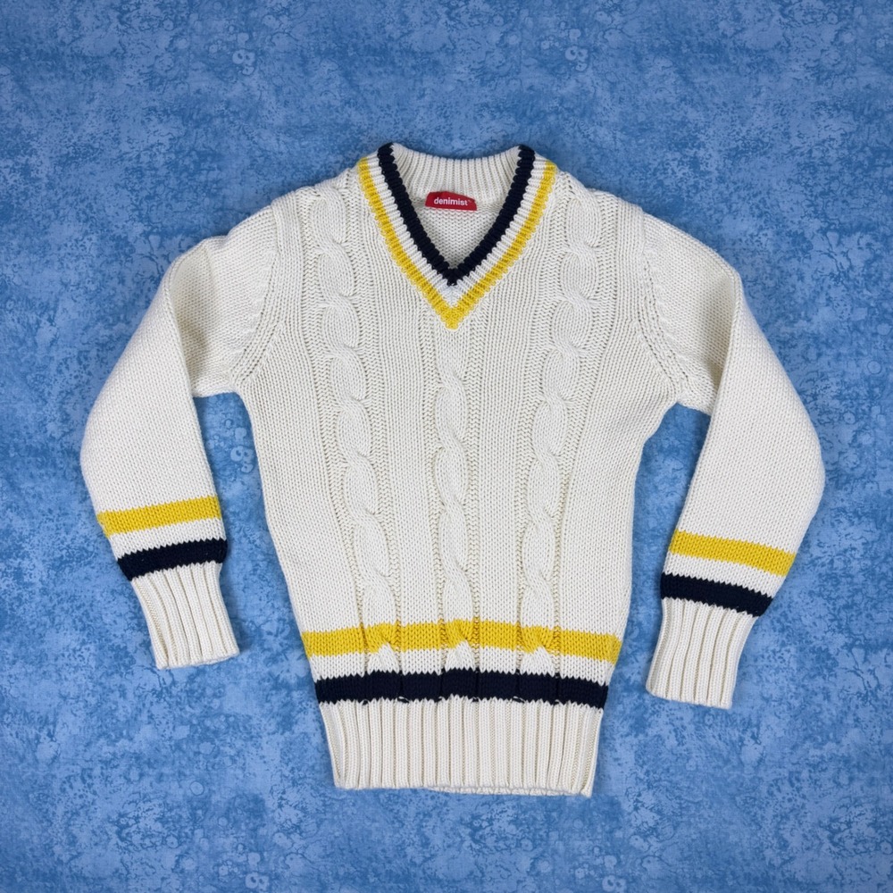 Denimist Shrunken Tennis Sweater Cream Cable Knit V-Neck Striped Womens Small